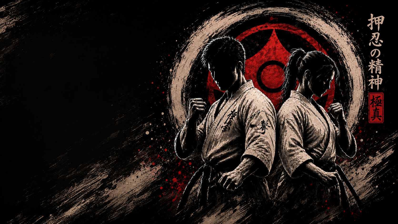 Illustration Uchi Deshi de deux pratiquants de Kyokushin devant un emblème rouge